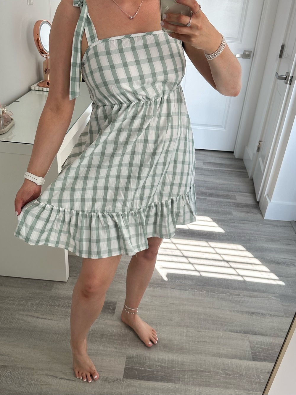 SHEIN Light Green and White Gingham Tie-Shoulder Mini Dress